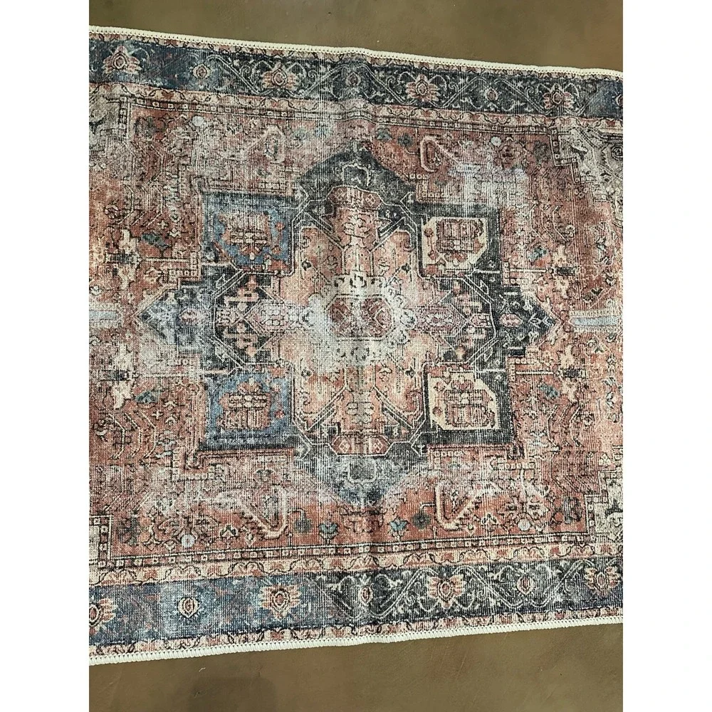 Machine Washable Rug 3'X5' Adiva Milano MLN17 Blue Orange Cream Faded-Look